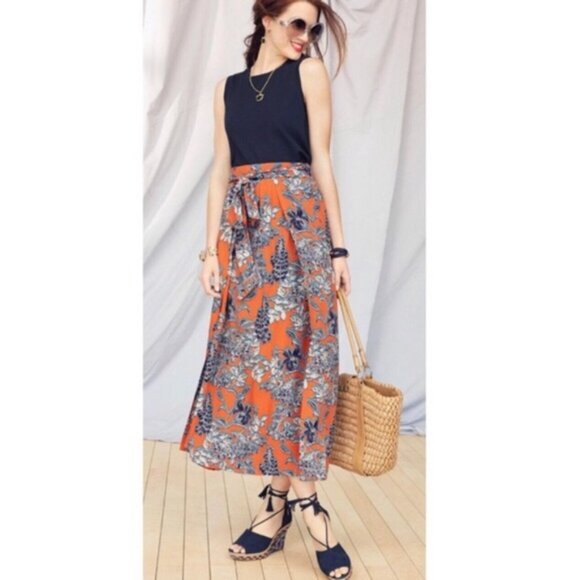Cabi Calypso Paradise Maxi Skirt Size XL Orange Navy Floral‎ Tie Front Layered - Picture 2 of 12